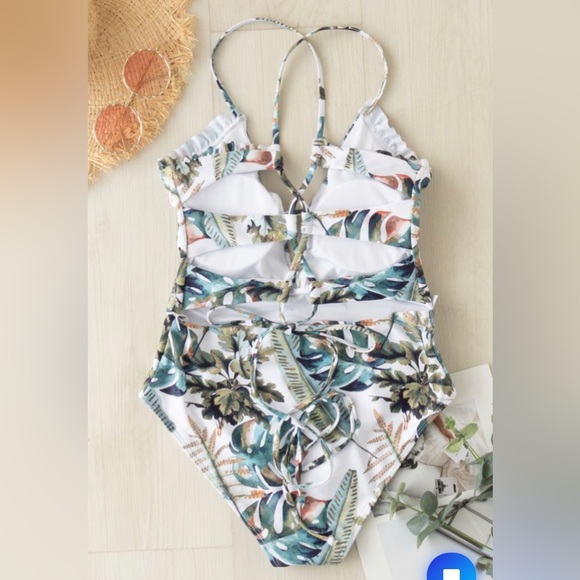 NWOT LACE-UP BACK TROPICAL PALM RUFFLE SWIMSUIT new without tags - Picture 2 of 5
